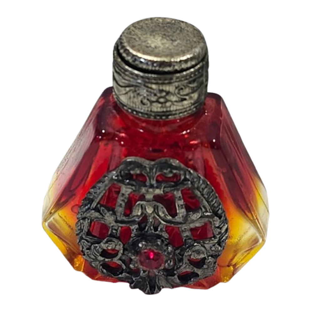 Antique Art Deco Czech Amberina Glass Filigree Mini Miniature Perfume Bottle